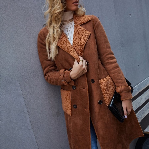 vegan suede rust teddy shearling lined trench coat - Picture 6 of 6